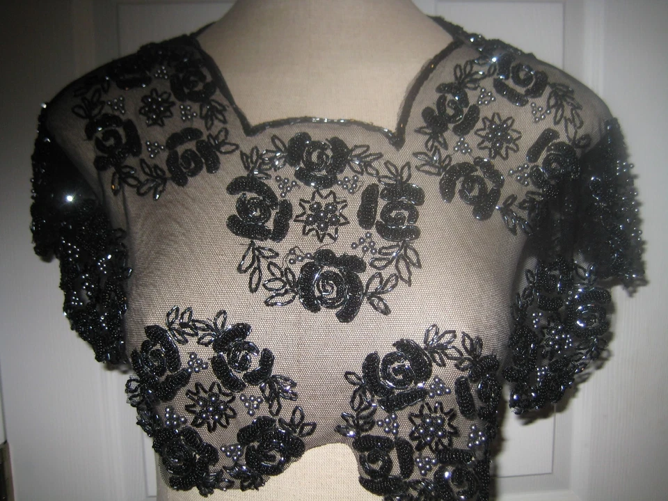 Raro De Colección Negro Cuentas Perla Floral Cuello de Noche Boda Transparente Capelet Encogerse de hombros Foto 1 de 4