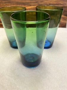 VTG Mexican Art Glass Tumblers Hand Blown Glasses (3) Green Fade To Blue - Picture 1 of 10