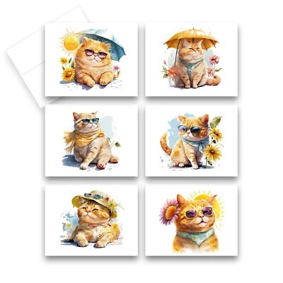 12 tarjetas de notas en blanco surtidas para todas las ocasiones con sobres - SUMMER CAT (2 de ea Foto 1 de 4