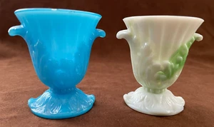 2 Arko Agate Urn Vase Slag Glass W/Handles 1. Opaque White with Green 2.Blue - Picture 1 of 9