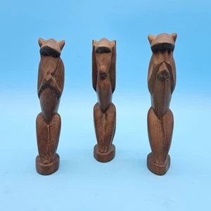 3 Weise Affen - Hören Sehen Sprechen Nicht Böses Vintage geschnitzte Holz Skulpturen Figuren - Bild 1 von 6
