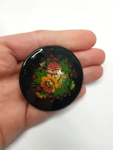VTG Russian Mother of the Pearl Flower Brooch Pin Round 2" Floral Handmade Black - Picture 1 of 5