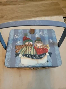 Hand Painted Snowman Basket with Lid 8" x 6.5", 4" Tall - Picture 1 of 8