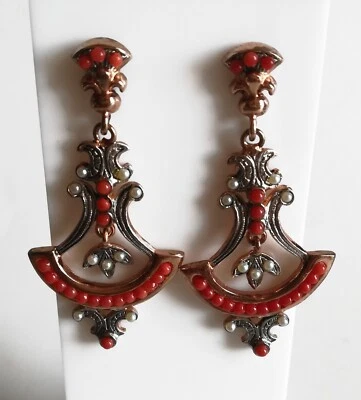 Orecchini donna in stile antico corallo rosso perle e argento 925 - fatto a mano - Immagine 1 di 3