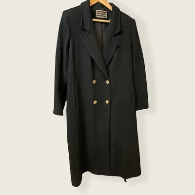 Vintage Spencer Douglas Black Full Length Long Wool Coat Decorative Gold Buttons - Image 1 of 4
