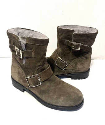 Botas de combate de motociclista con hebilla de gamuza JIMMY CHOO YOUTH con forro de piel de conejo 38 1/2 Foto 1 de 4