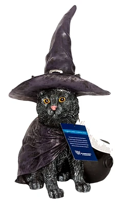 Black Cat with Witch Hat and Cape LED Light Up Cauldron Large 15" Halloween - Image 1 of 4