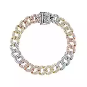 14K Tri Color Gold Diamond Cuban Link Bracelet Pave Set 4.36 CT Natural - Picture 1 of 3