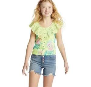 Justice Girls Button Front Ruffle Neckline Tank Electric Lime Green Size Medium - Picture 1 of 13