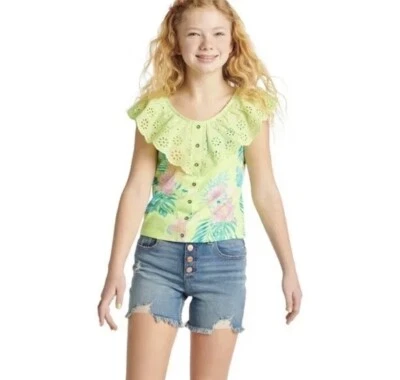 Justice Girls Button Front Ruffle Neckline Tank Electric Lime Green Size Medium - Image 1 of 4