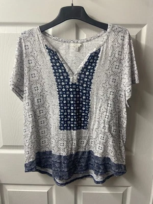 Lucky Brand Top Womens Large Blue Floral Gathered Tied V Neck Boho Border - Image 1 of 4