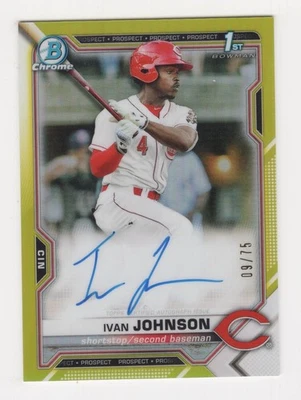 2021 BOWMAN CHROME PROSPECT AUTOGRAPH YELLOW REFRACTOR 9/75 IVAN JOHNSON REDS - Image 1 of 2