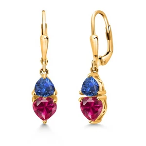 3.00 Ct Created Ruby Created Sapphire 18K Yellow Gold Plated Silver Earrings - Picture 1 of 4