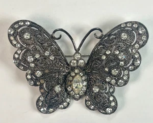 Vintage Gunmetal Colored Clear Rhinestone Butterfly Brooch - Bild 1 von 5