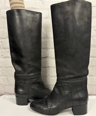 Chanel Botas 38.5 Acolchadas Cuero de Becerro Genuino Montar Hasta la Rodilla G29389 *defecto Foto 1 de 4