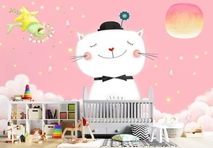 3D Cartoon White Cat G3838 Wallpaper Wall Murals Removable Self-adhesive Erin - Picture 1 of 11