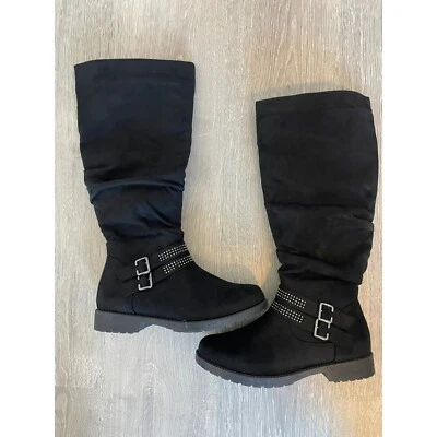 WANTED Womens Suede High Knee Boots side double buckle accents in Black size 8 - Image 1 of 4