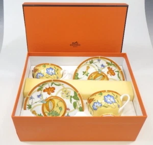 Hermes Siesta Tea Cup Saucer Tableware Yellow Floral 2 set Coffee Cafe Auth New - Picture 1 of 10