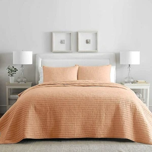 3-Pc Wamsutta Dakota Yarn Dye King Quilt Set Stitch Stripe Clay Peach Farmhouse - Picture 1 of 1
