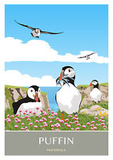 Puffin. British Isles Sea Birds. Travel Poster. Retro Art