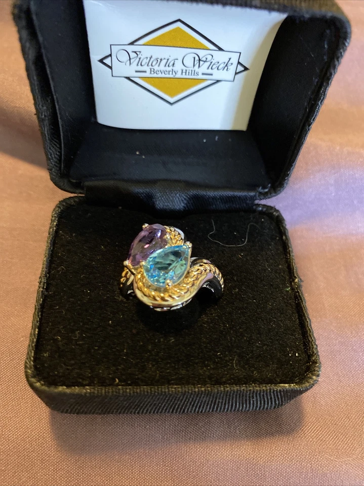 Anillo Victoria Wieck en forma de pera aguamarina y amatista en plata de ley. Talla 6 Foto 1 de 4