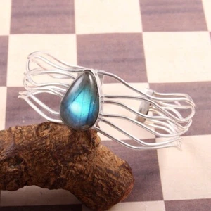 925 Sterling Silver Labradorite Gemstone Handmade Jewelry Cuff Bracelet ADJ - Picture 1 of 4