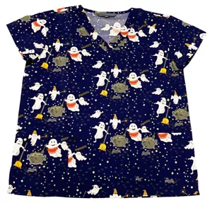 Women's Halloween Christmas Medical Scrub Tops Ghosts Day Off Navy Base 2XL - Picture 1 of 2