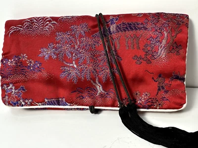 Vintage Asian Satin Embroidered Jewelry/Cosmetic Red Travel Pouch - Image 1 of 4