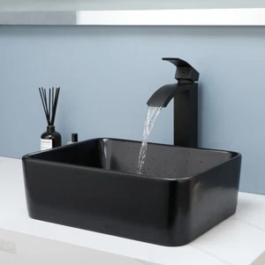 Grifos montados en cubierta mezclador cascada lavabo de cerámica rectangular fregadero de baño negro EE. UU. - Imagen 1 de 9