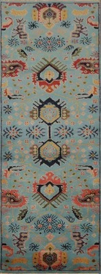 Blue Oushak Oriental Runner Rug 2x8 Geometric Hand-knotted Wool Carpet - Image 1 of 4