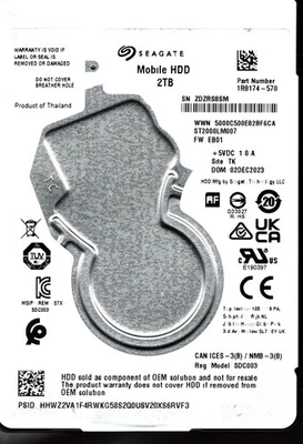 ST2000LM007 P/N: 1R8174-570 F/W: EB01 S/N: ZDZRS 2TB DEC 2023 THAILAND SEAGATE - Image 1 of 2