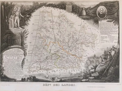 1854 CARTE DÉPARTEMENT DES LANDES LEVASSEUR GRAVURE GÉOGRAPHIE - Photo 1/3