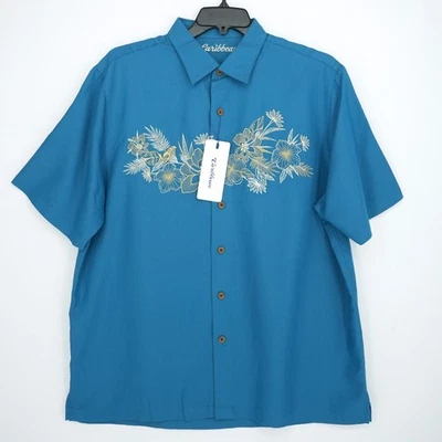 Roundtree & Yorke Caribbean Short-Sleeve Shirt XL Blue Embroidered Floral NWT - Image 1 of 4