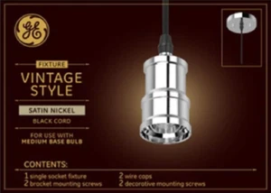 GE Vintage Style Light Fixture, Satin Nickel with Black Cord - Picture 1 of 3
