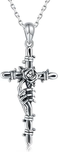 Skull Cross Necklace for Women 925 Sterling Silver Skull Hand Rose Flower Gifts - Picture 1 of 7