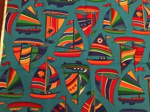 VIP Cranston Sail Boat Nautical Sea Fabric 1 Yd x 44” Turquoise Teal Red Green - Picture 1 of 4