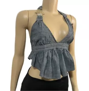 Apple Bottoms Vintage Impreziosito Metallizzato Apple Halter Top Denim Piccolo Nuovo - Foto 1 di 11