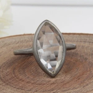 Clear Crystal Quartz Gemstone Ring 925 Silver Black Handmade Ring Jewelry - Picture 1 of 5