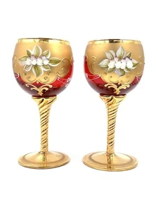 Italian Wine Glass Red Colour Heavy Gold Decoration - Set of 2 . - Picture 1 of 10