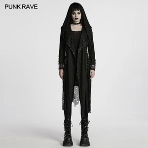 Punk Rave Women Black Gothic Decadent Asymmetric Knitted Hooded Trench Coat - Picture 1 of 19