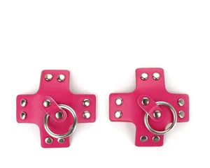 Sexy Silver Ring Pink Faux Leather Studded BDSM Nipple Covers Reusable Pasties - Picture 1 of 4