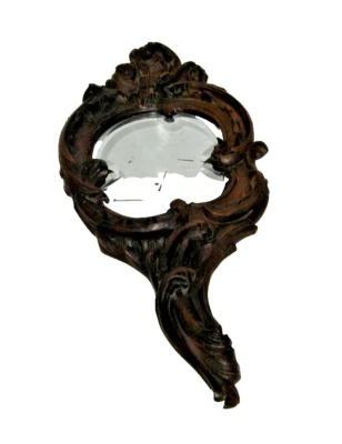 Ancien miroir face à main en bois sculpté glace biseautée - Photo 1/4