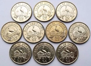 10 X UGANDA 50 CENTS 1976 - BIRD CRANE MAGNETIC KM4a AU-UNC 10 COINS WHOLESALE - Picture 1 of 3