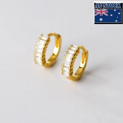 2 Colors Woman REAL S925 Sterling Silver Starry CZ Earring Clip Huggie Hoop - Image 1 of 4