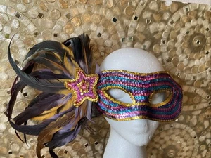 MARDI GRAS MASQUERADE MASK  Black & GOLD FEATHERS JEWEL TONES TEAL PINK VTG - Picture 1 of 8