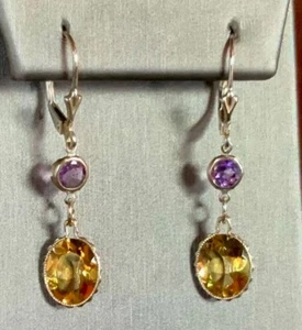 ORECCHINI ARGENTO STERLING .925 CITRINO NATURALE 10MMX8MM E AMETISTA LEVA POSTERIORE - Foto 1 di 2