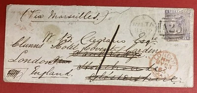 Malta, Scott #A54 Forerunner, 6p lila, Pl.5, usado en cubierta de 1865 a Inglaterra Foto 1 de 2