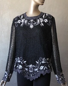 Laurence Kazar Vintage Large XL Top Black White Silver Silk Beaded Embroidered - Picture 1 of 12