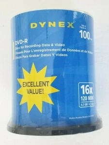 Dynex 16X DVD-R Blank Discs 100 Pack 120 Mins New 4.7 GB New Factory Sealed - Picture 1 of 5