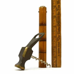 Vintage BRASS & FAUX BAMBOO MULTI-TOOL 3-Tools HAMMER, BOTTLE OPENER & CORKSCREW - Picture 1 of 10